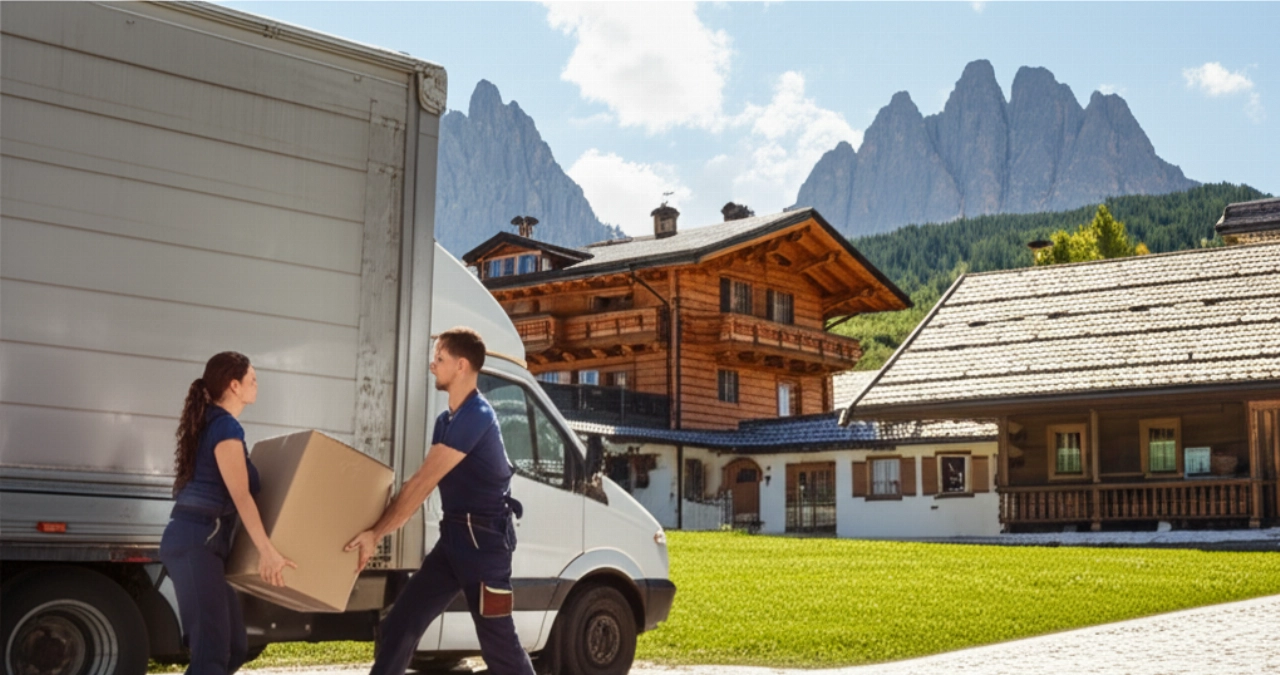 Trasloco professionale in Trentino Alto Adige: un camion moderno parcheggiato davanti a uno chalet alpino con le Dolomiti sullo sfondo, mentre due traslocatori caricano scatole.