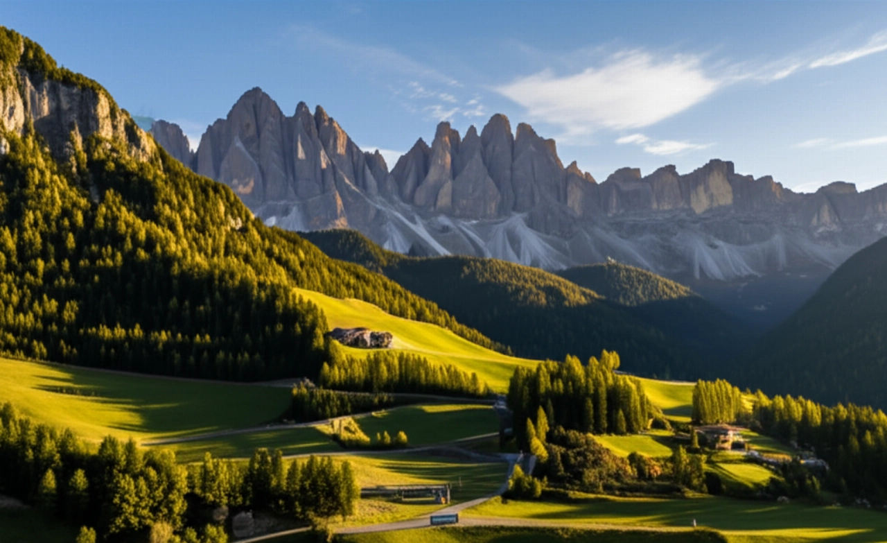 Vista aerea mozzafiato delle Dolomiti in Trentino Alto Adige, con un camion dei traslochi che percorre una strada tortuosa verso un villaggio alpino.