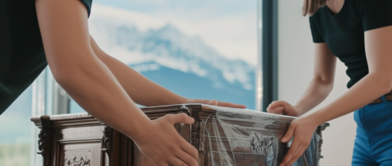 Dettaglio iperrealistico di due traslocatori professionisti che imballano con cura un mobile antico, con le montagne del Trentino Alto Adige visibili sullo sfondo.