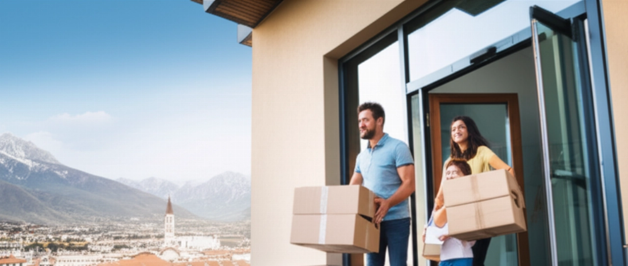 Happy family moving into a new home in Trento with the Dolomites in the background.