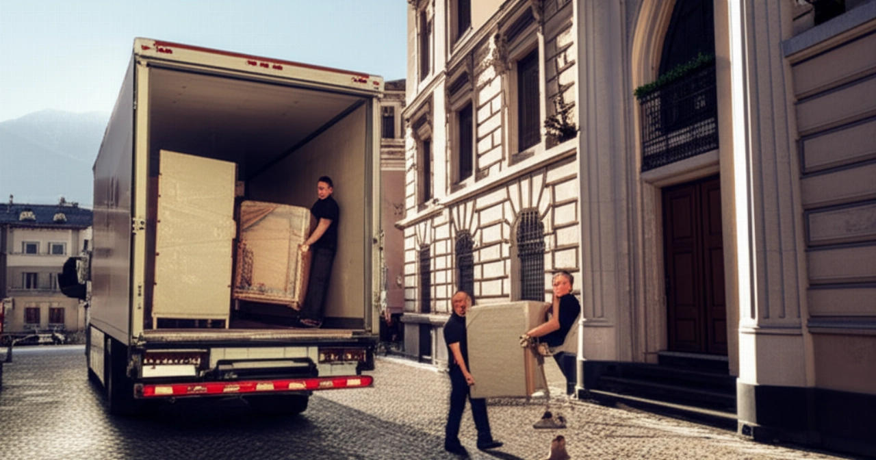 Professional moving truck and movers working on a historic street in Trento.