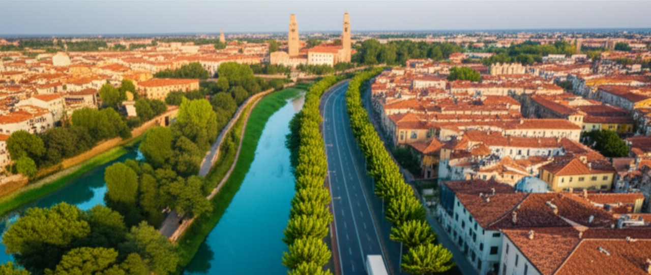 Vista aerea iperrealistica di un camion per traslochi che percorre un viale alberato, con lo storico paesaggio urbano di Treviso sullo sfondo al tramonto.