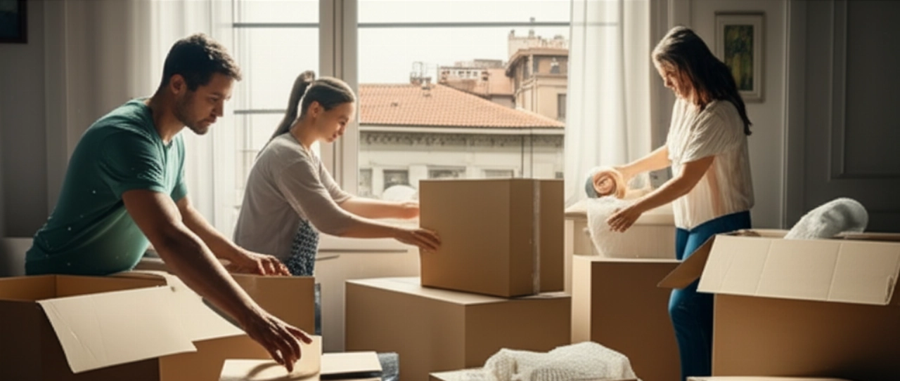 Familia caucásica empacando cajas en una sala de estar luminosa, con vista a Udine desde la ventana, durante una mudanza.