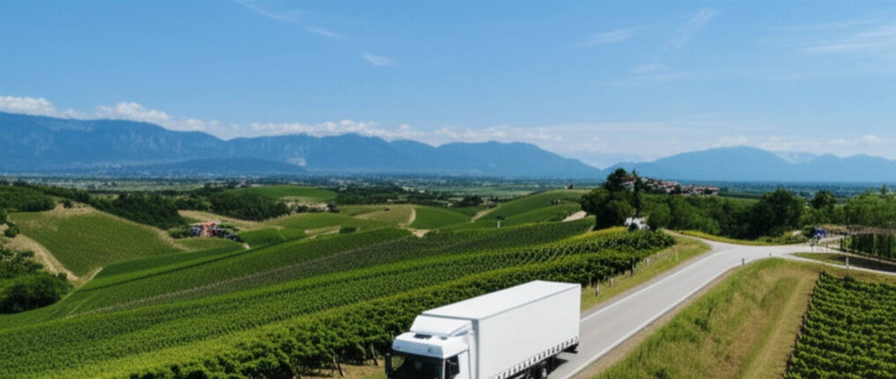Vista aerea iperrealistica di un camion per traslochi che attraversa la campagna friulana vicino a Udine.