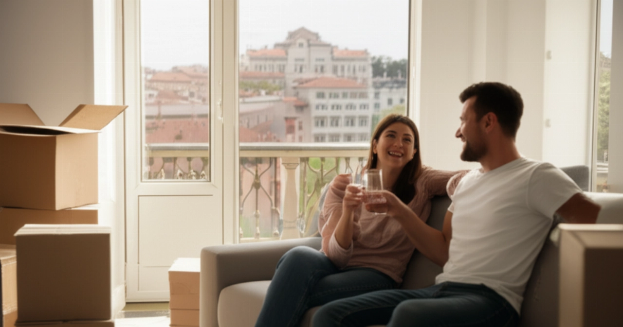 Coppia caucasica felice che festeggia nella loro nuova casa a Udine, circondati da scatoloni.