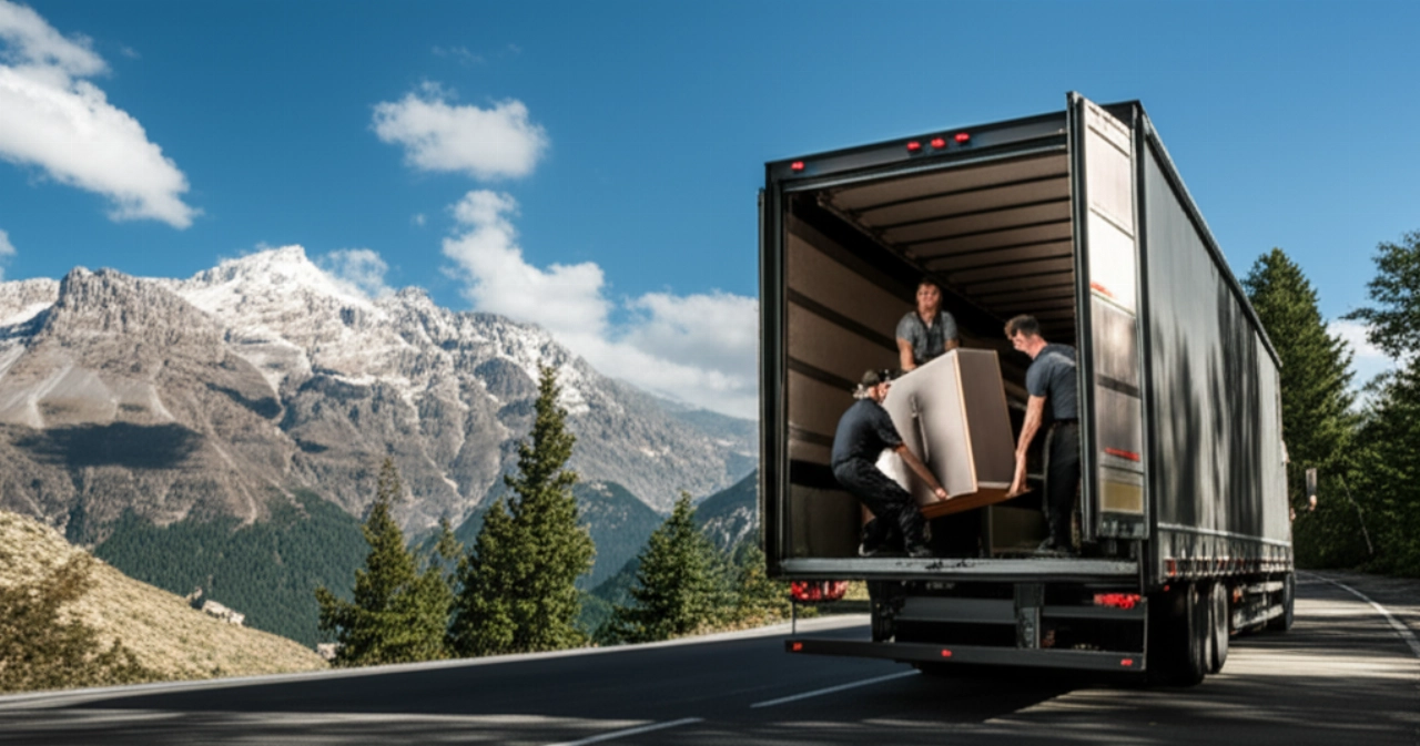 Camion dei traslochi in Valle d'Aosta con le Alpi sullo sfondo, due traslocatori caucasici caricano mobili.
