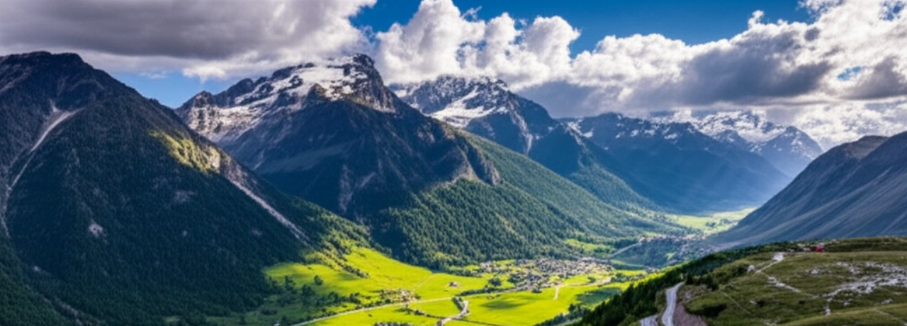 Vista aerea iperrealistica della Valle d'Aosta con montagne maestose e un camion dei traslochi in lontananza.