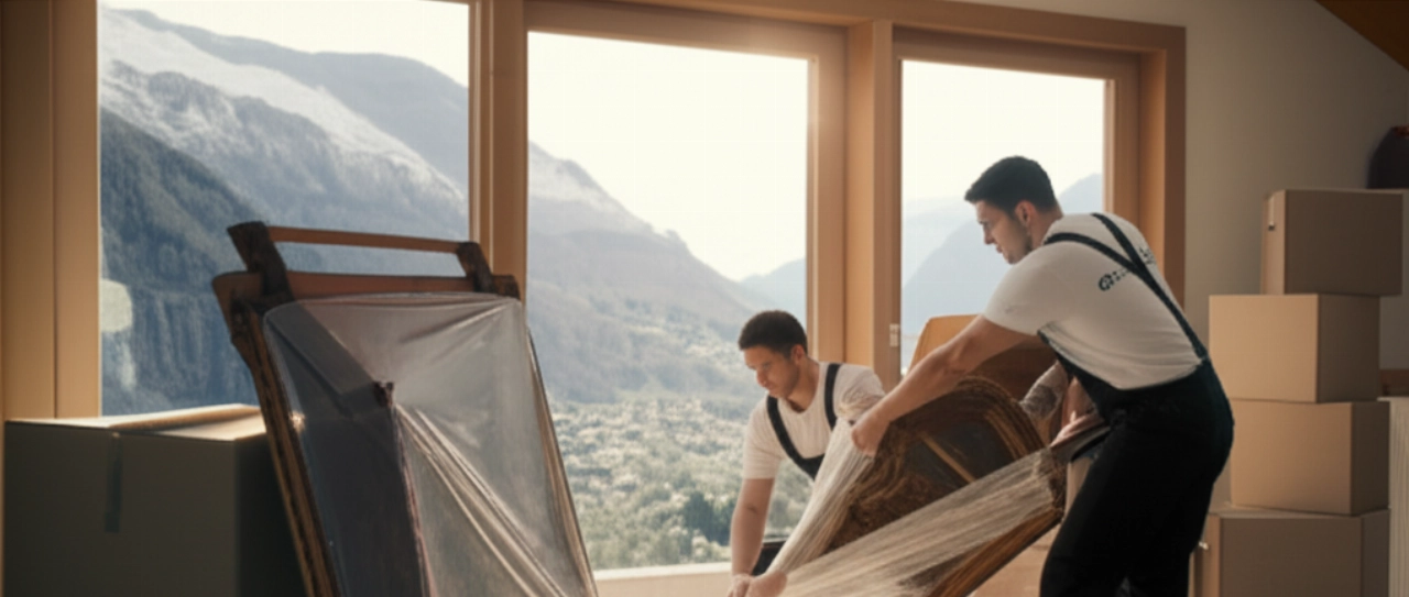 Traslocatori caucasici in una casa della Valle d'Aosta che imballano oggetti preziosi con vista sulle montagne.