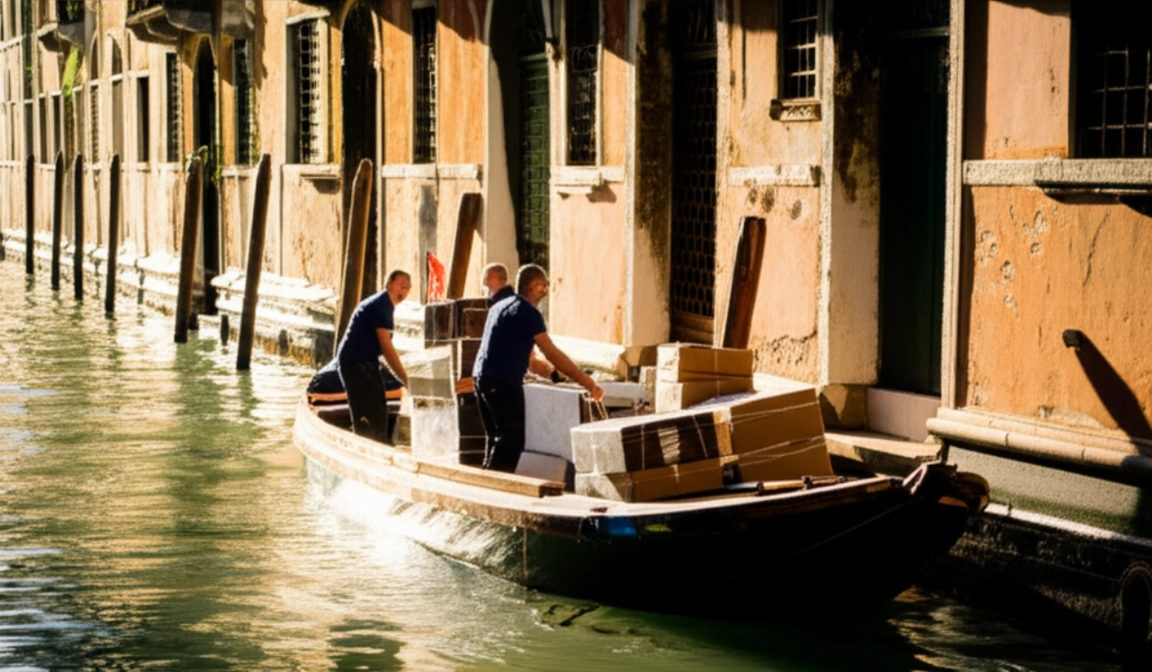 Motobarca veneziana carica di mobili che naviga un canale al tramonto, con due traslocatori caucasici a bordo.