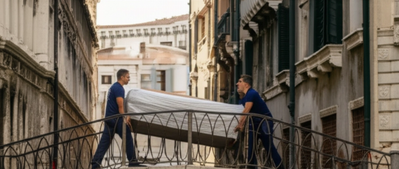 Due traslocatori caucasici trasportano un mobile su un ponte di pietra in una stretta calle veneziana.