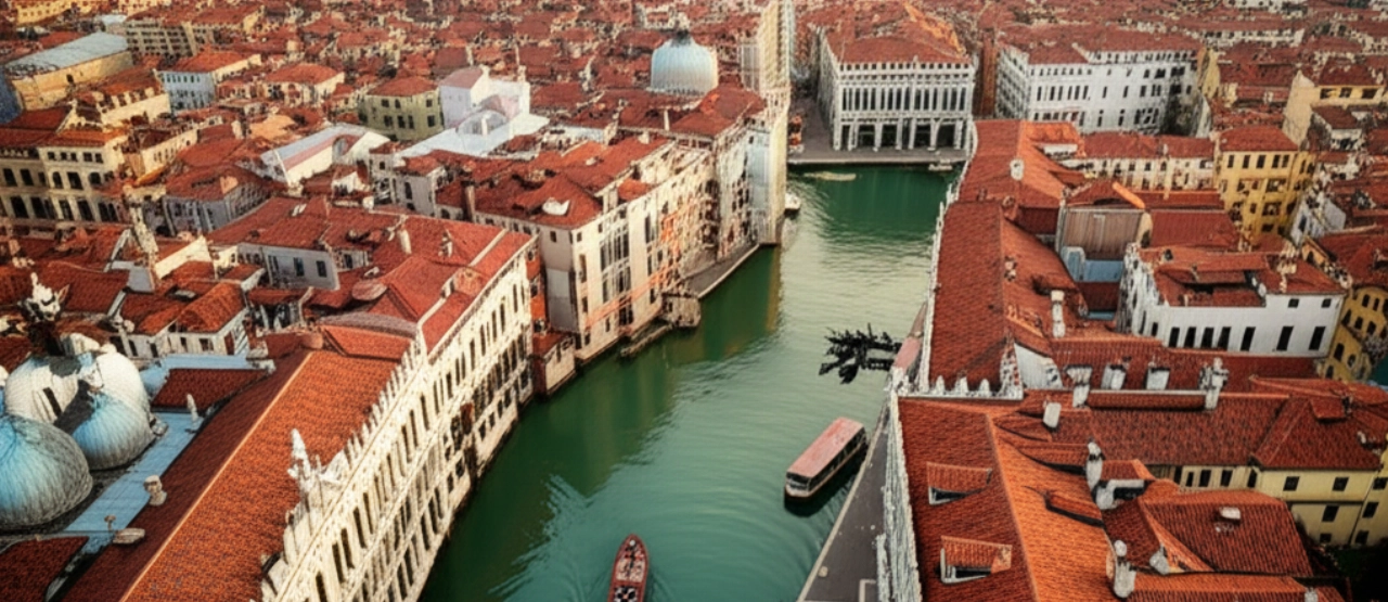 Vista aerea iperrealistica di Venezia con un'operazione di trasloco visibile su un canale.