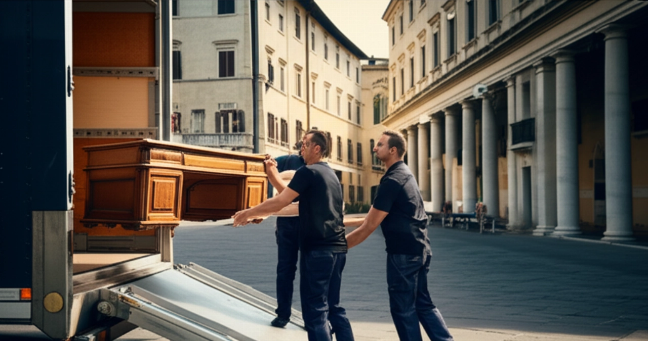 Traslocatori professionisti caucasici caricano un mobile antico su un camion, con edifici storici di Vicenza sullo sfondo.
