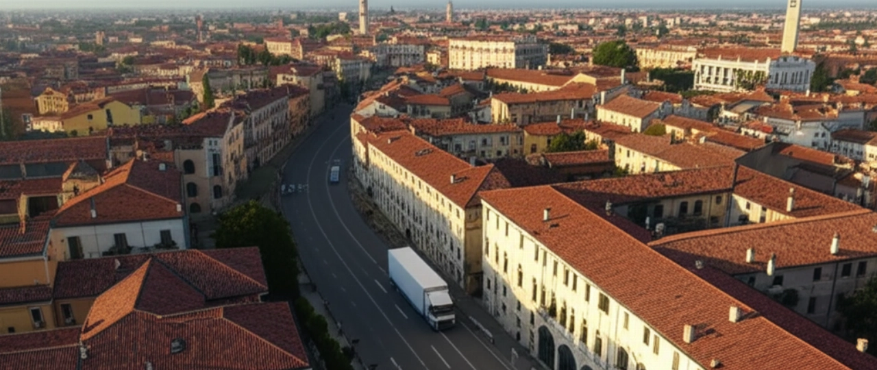 Vista aerea iperrealistica di Vicenza con un camion per traslochi che attraversa la città storica.