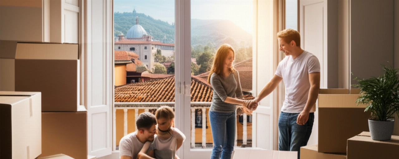 Famiglia caucasica felice disfa gli scatoloni nella nuova casa con vista panoramica su Vicenza.