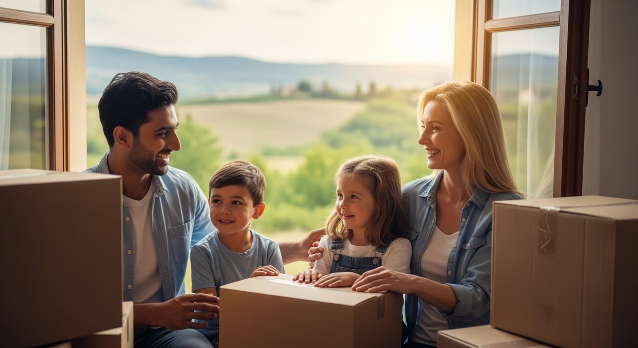 Famiglia felice che entra in una nuova casa in Toscana dopo un trasloco