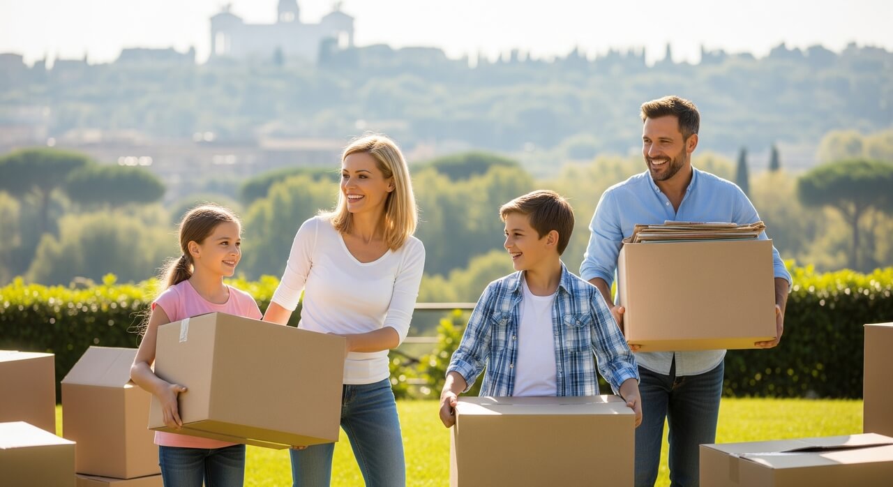 Famiglia felice che entra in una nuova casa nel Lazio dopo un trasloco