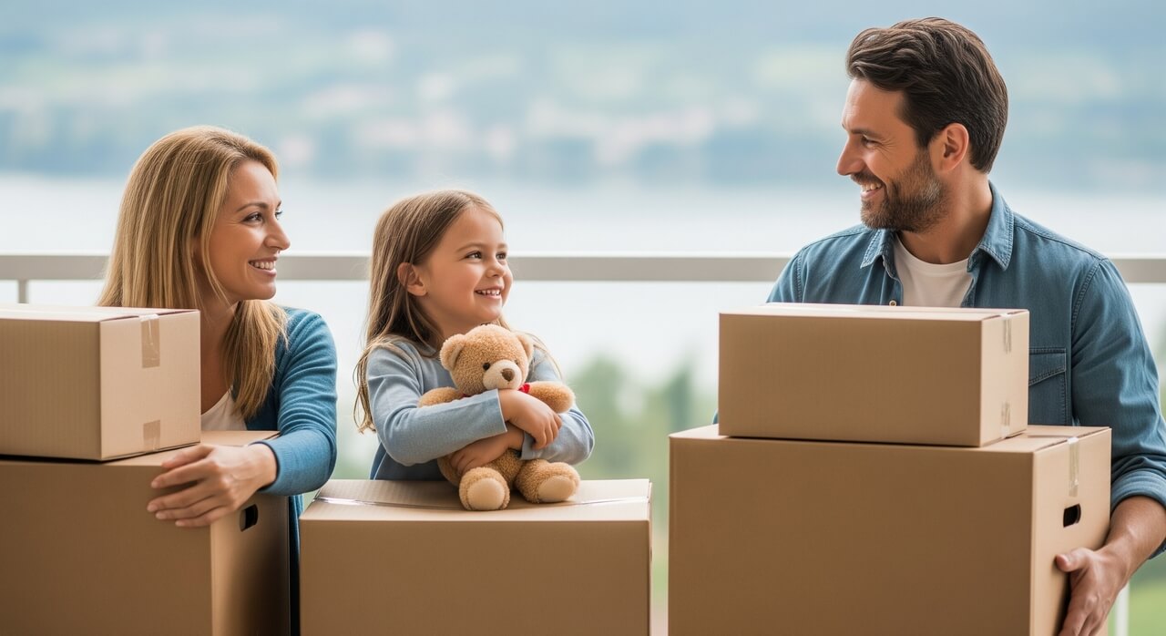 Famiglia felice che entra in una nuova casa in Lombardia dopo un trasloco