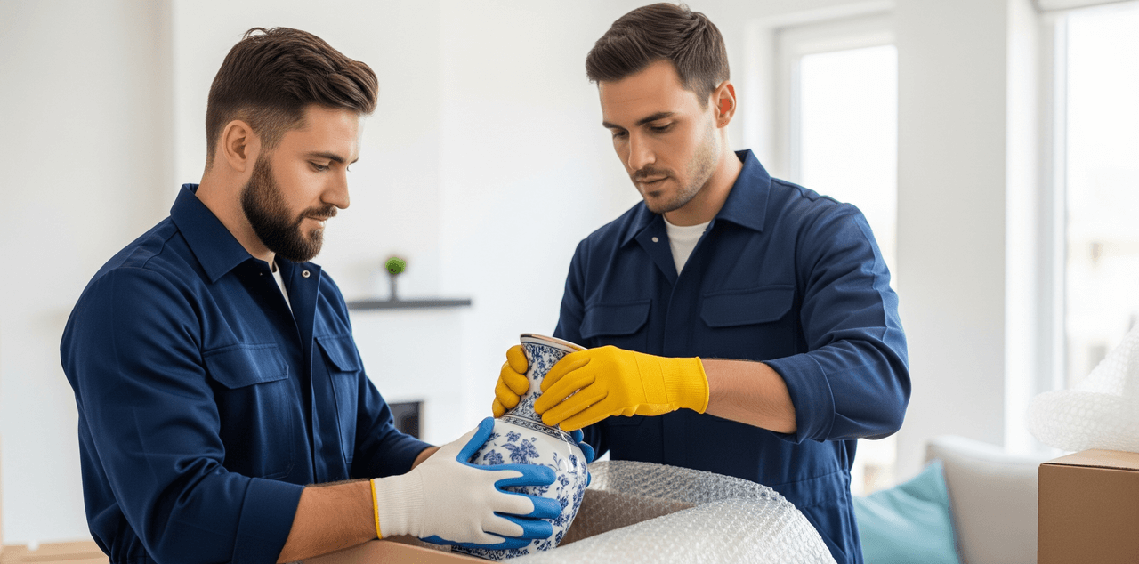 Team of professional movers packing furniture in Rieti with care