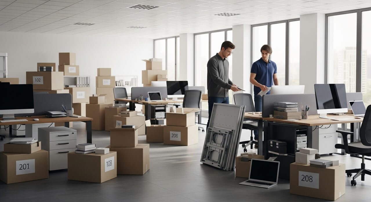 Ufficio in fase di trasloco nel Lazio con scatole e attrezzature informatiche