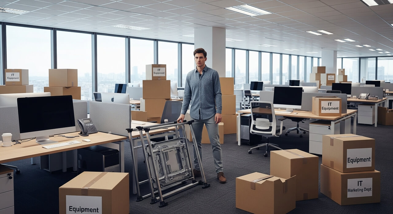 Ufficio moderno in fase di trasloco in Lombardia con scatole e attrezzature informatiche