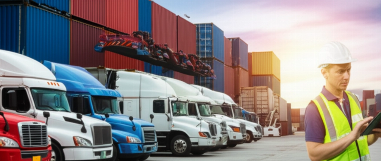 Vista iperrealistica di un moderno hub logistico per il trasporto merci, con camion e container, che simboleggia l'efficienza della catena di approvvigionamento.