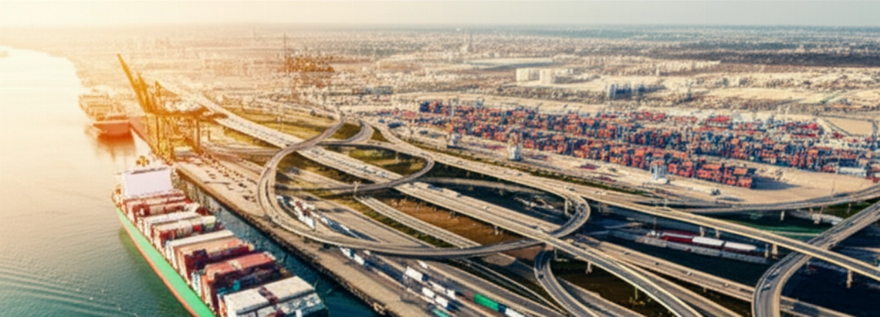 Veduta aerea iperrealistica di un complesso nodo di trasporto merci globale, con navi portacontainer, treni merci e camion, che illustra l'interconnessione delle rotte di spedizione.
