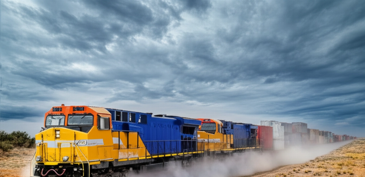 Immagine iperrealistica di un lungo treno merci in corsa attraverso un vasto paesaggio, che simboleggia la potenza e la portata del trasporto terrestre di merci su larga scala.