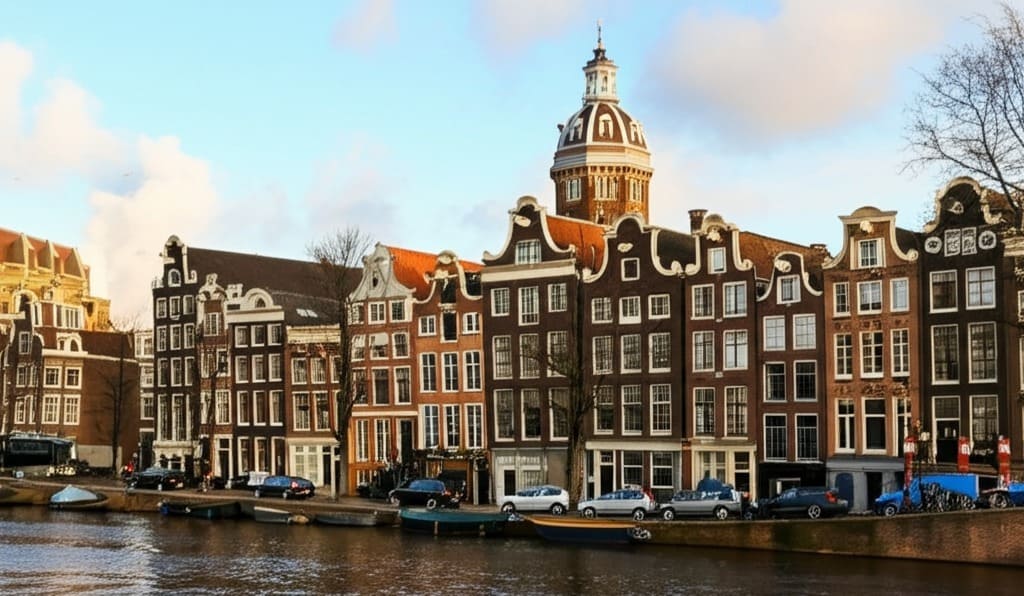 Veduta di Amsterdam, Olanda, con un piccolo simbolo di trasloco