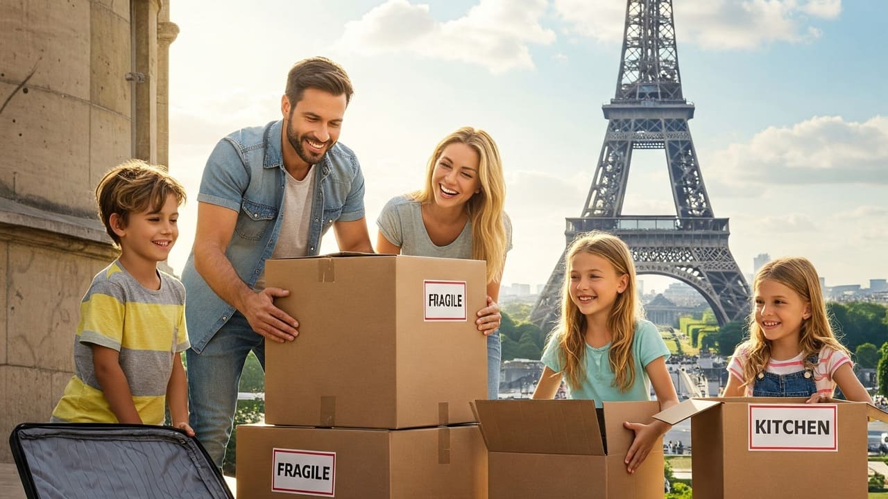 Famiglia felice che si trasferisce a Parigi, Francia