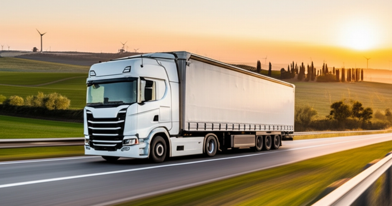 Un camion da trasloco bianco attraversa un'autostrada europea al sorgere del sole, con il paesaggio che sfuma da campi danesi a colline italiane, simboleggiando il viaggio.