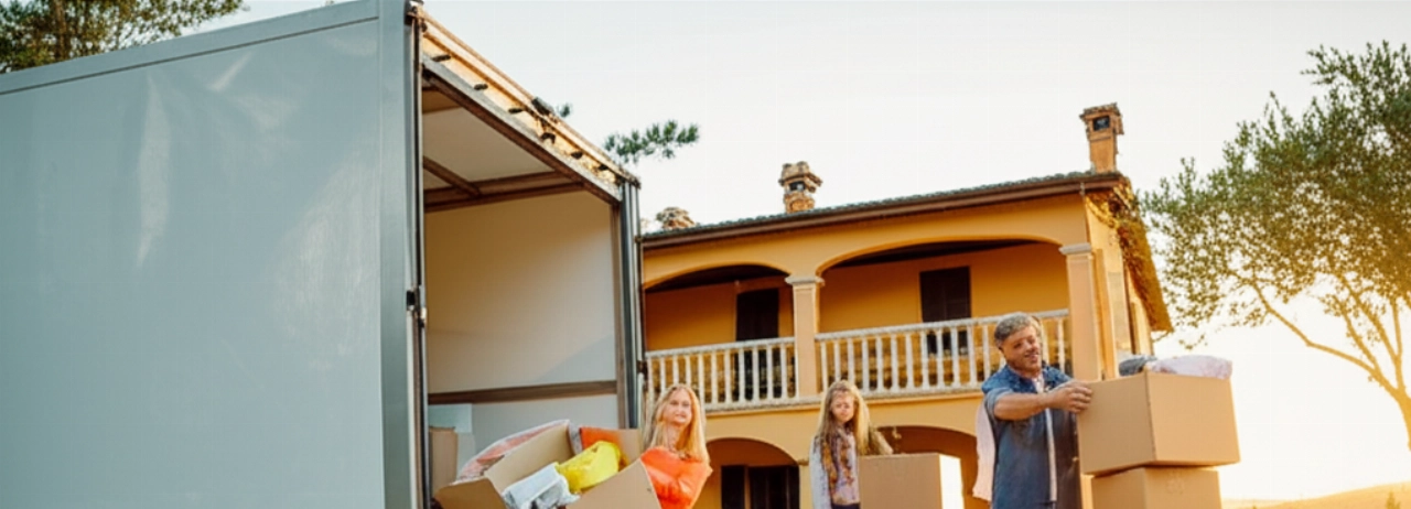 Una famiglia caucasica scarica felicemente scatoloni da un camion di traslochi davanti a una villa italiana al tramonto, simboleggiando un nuovo inizio.